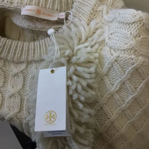 Tory Burch Cream Ivory Cable Knit Wool Fringe Pullover Sweater Women’s Size M - Picture 13 of 16